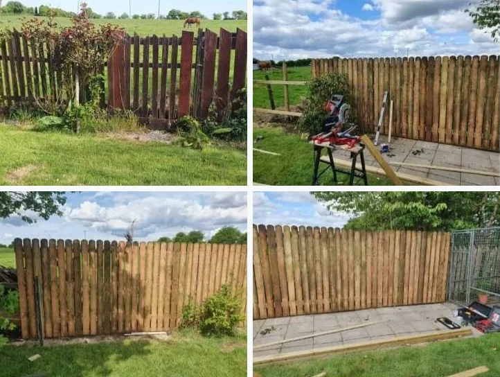 Four photos of a garden fence: the old broken fence, the new timber fence going up and the finished fence beside a paved yard