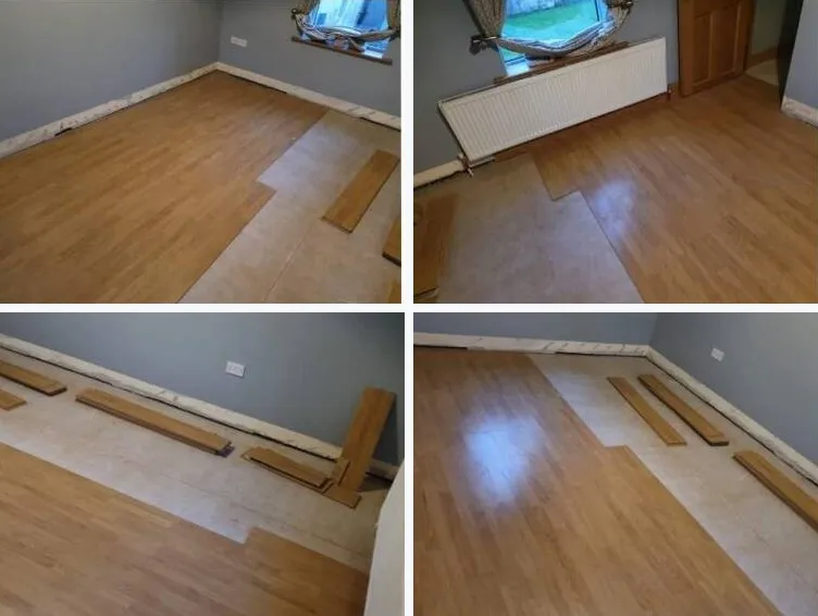 Four photos of a bedroom as new laminate boards are laid across the old floor