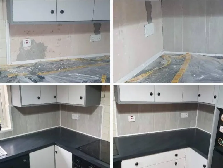 Four photos of a kitchen wall: damaged plaster behind the worktop, then the finished panelled splashback